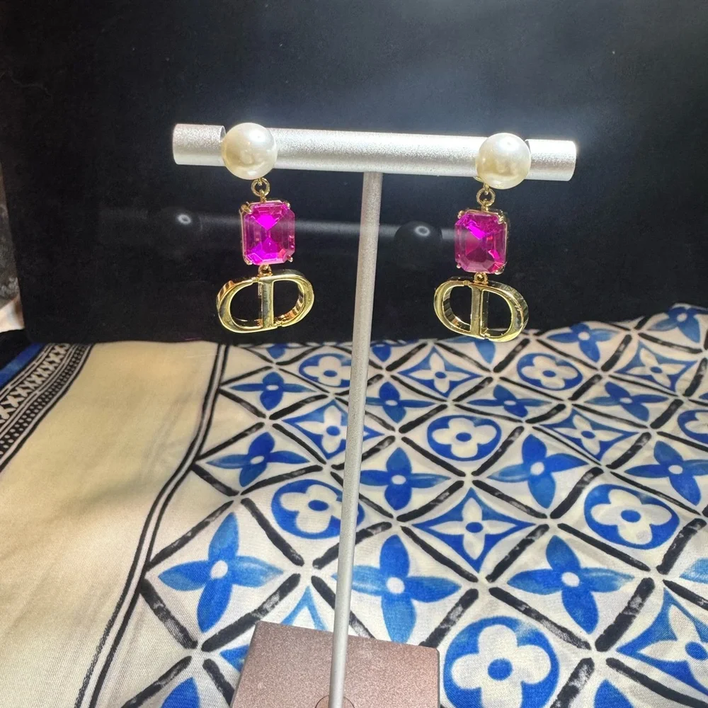 Dior Gold-Tone Earrings with Fuchsia Crystal & Pearl Accent - Picture 6 of 7